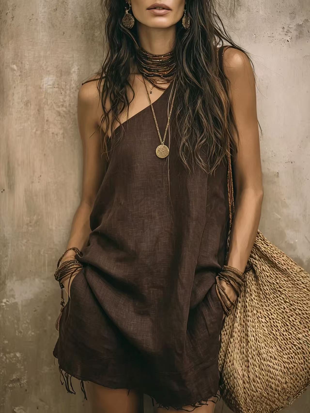 Bohemian one-shoulder tassel mini linen dress