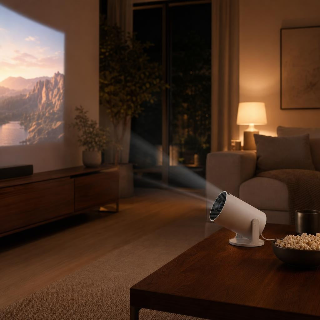 HY300 projector projecting a movie in a cozy living room