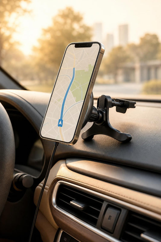 Trilya Magnetic Car Charger mounted on dashboard, charging