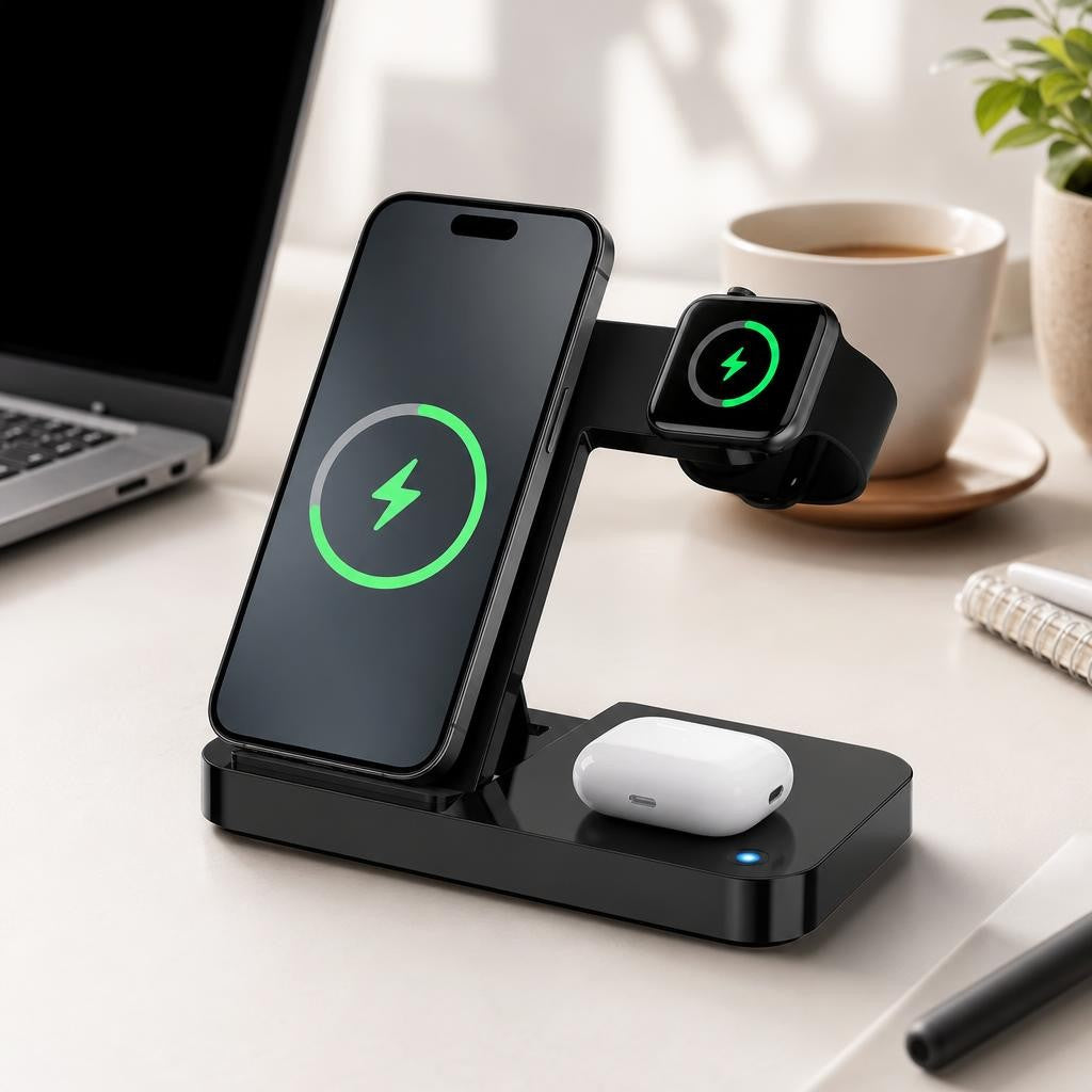3-in-1 Wireless Charging Station for iPhone, Apple Watch & AirPods — Foldable Charger Stand | TriCharge by Trilya