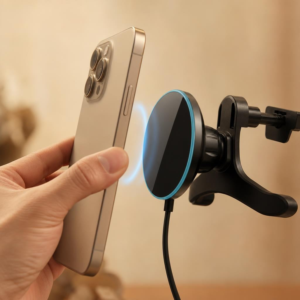 Phone snapping onto the Trilya magnetic car charger