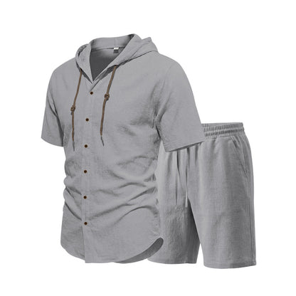 Men's Linen Hooded Shirt and Shorts Set, Summer Co-ord | Tri