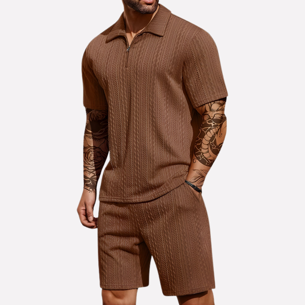 Men's Textured Knit Zip-Polo and Shorts Set, Summer Co-ord |