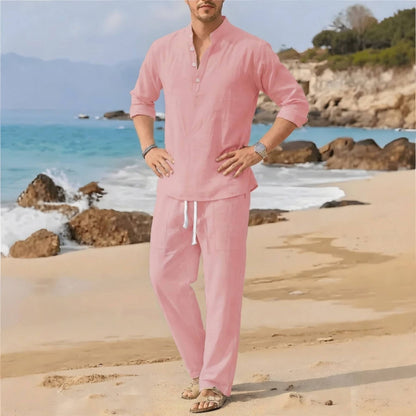 Men's Linen Beach Set, Henley Shirt and Drawstring Pants | T