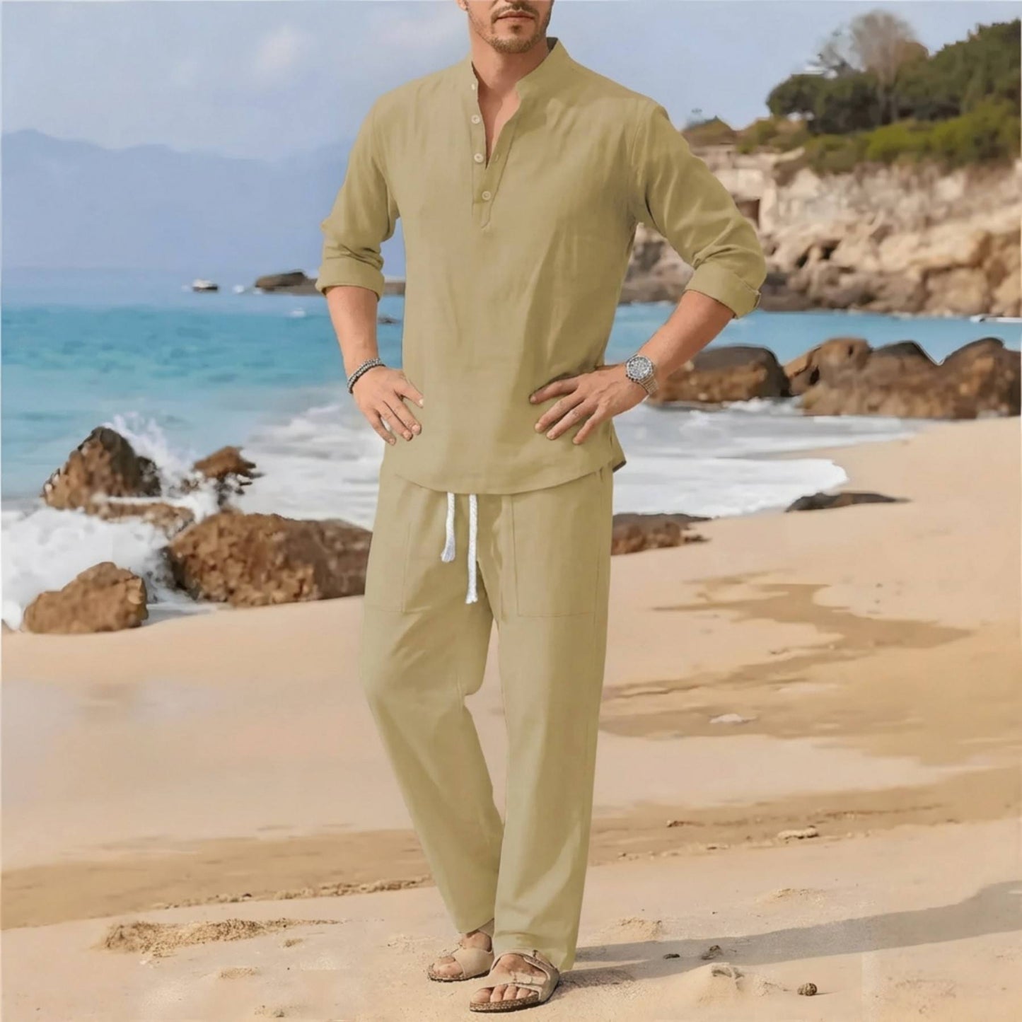 Men's Linen Beach Set, Henley Shirt and Drawstring Pants | T