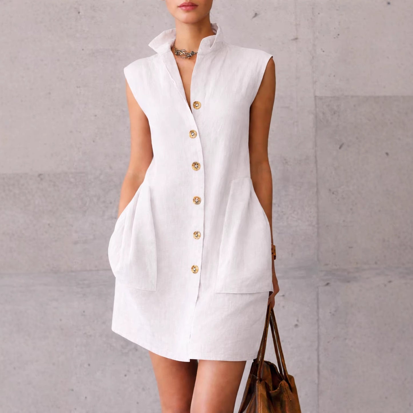 Sleeveless linen shirt dress with pockets