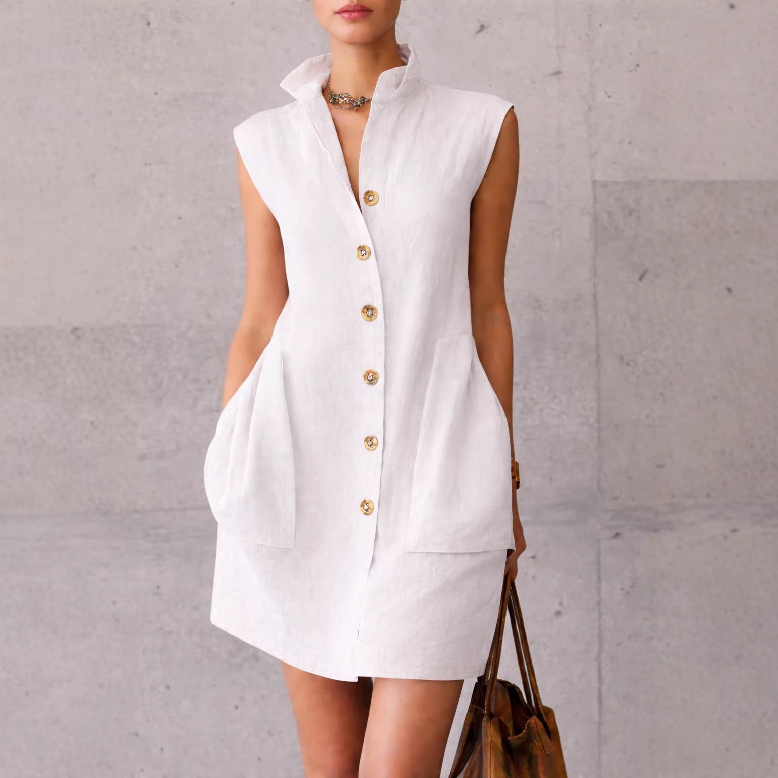 Sleeveless linen shirt dress with pockets