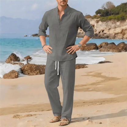 Men's Linen Beach Set, Henley Shirt and Drawstring Pants | T