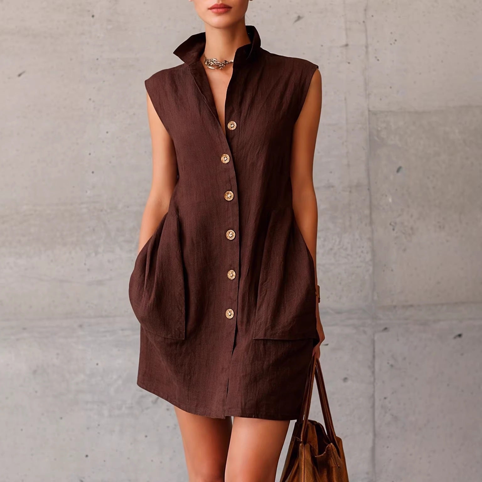Sleeveless linen shirt dress with pockets
