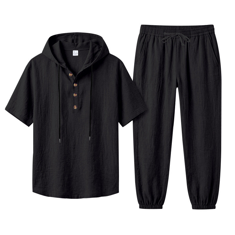 Men's Hooded Henley and Jogger Set, Casual Summer Co-ord | T