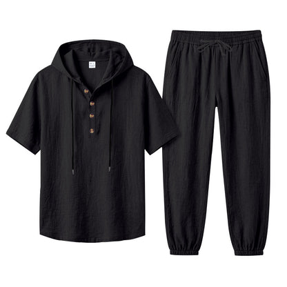 Men's Hooded Henley and Jogger Set, Casual Summer Co-ord | T