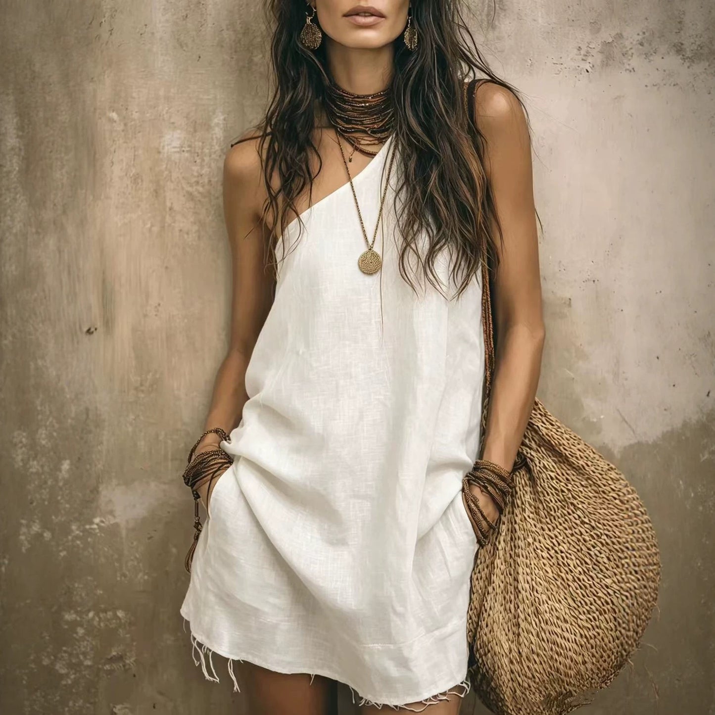 Bohemian one-shoulder tassel mini linen dress