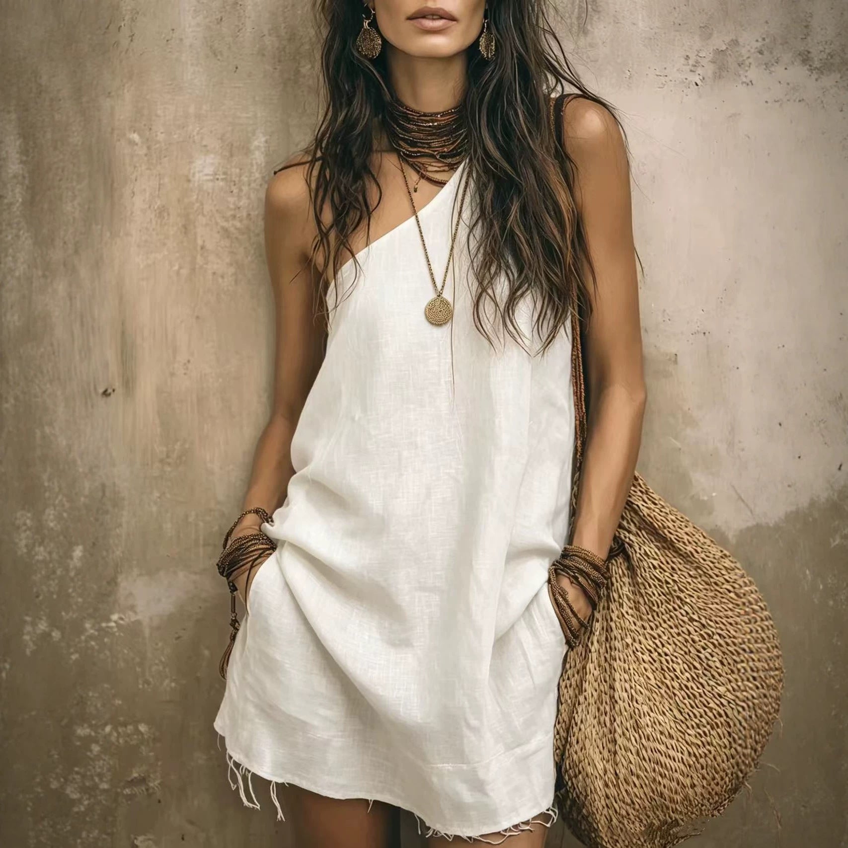Bohemian one-shoulder tassel mini linen dress