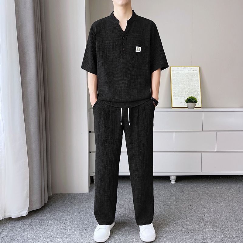 Men's Textured Mandarin-Collar Set, Lightweight Summer Co-or