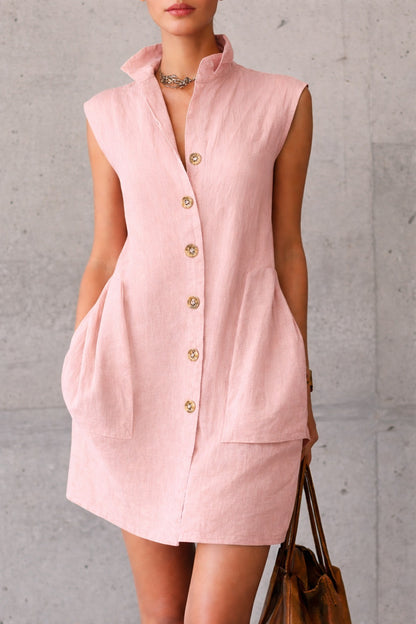 Sleeveless linen shirt dress with pockets
