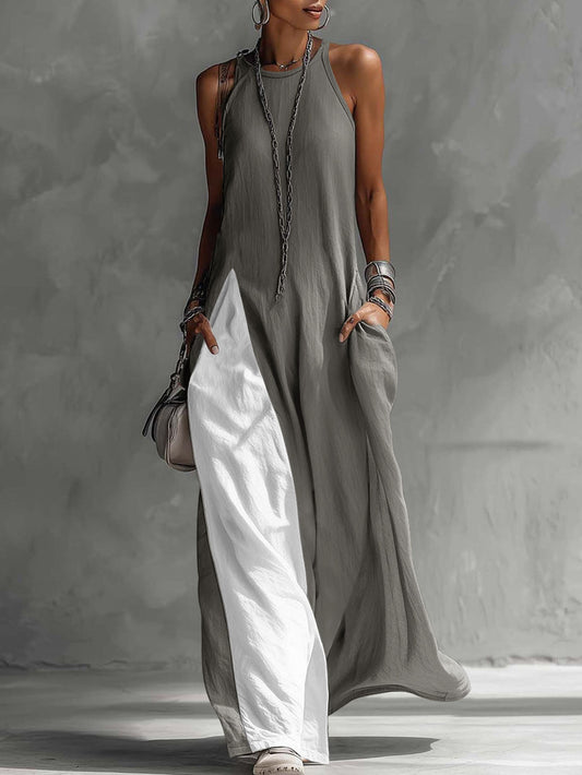 Grey color-block maxi sundress with pockets