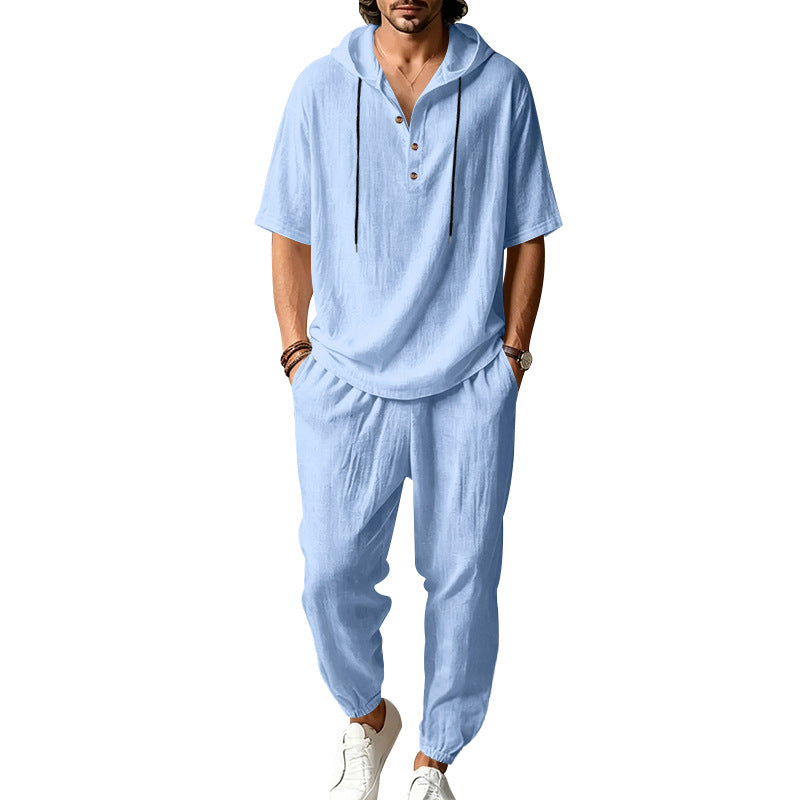 Men's Hooded Henley and Jogger Set, Casual Summer Co-ord | T
