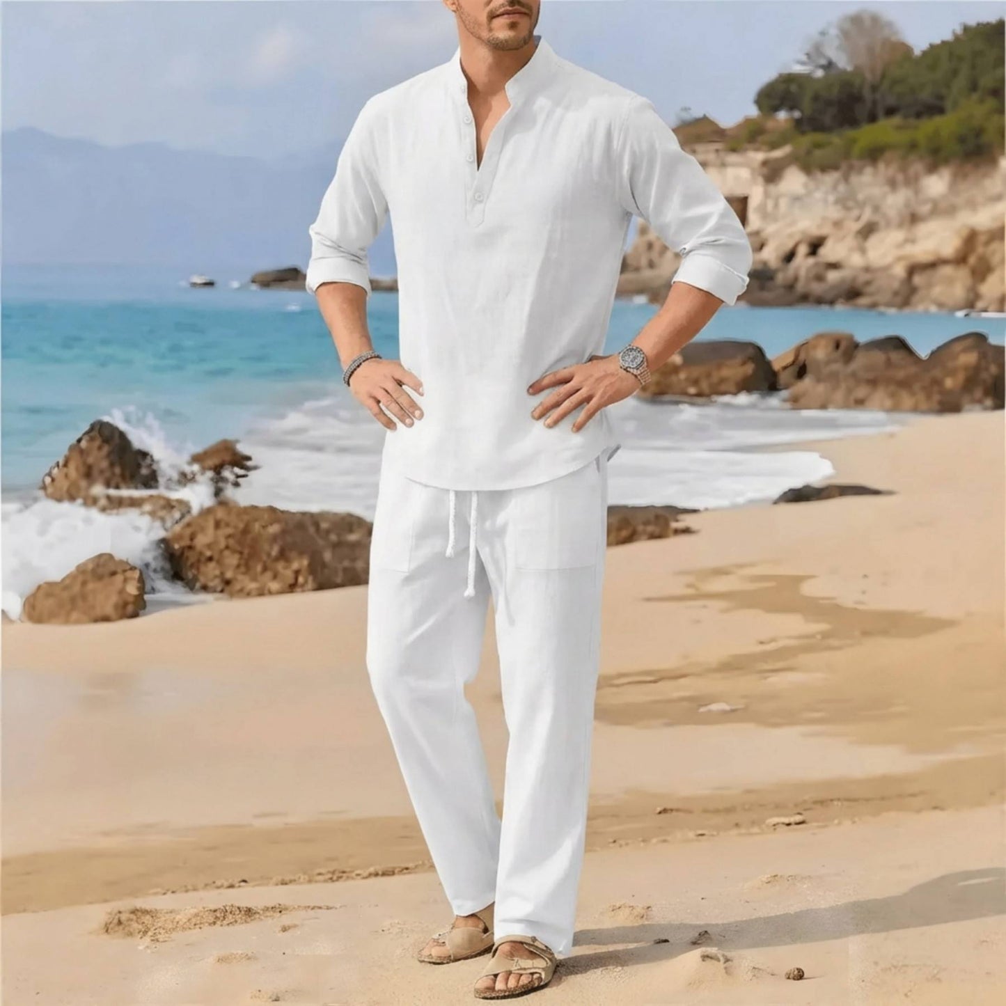 Men's Linen Beach Set, Henley Shirt and Drawstring Pants | T