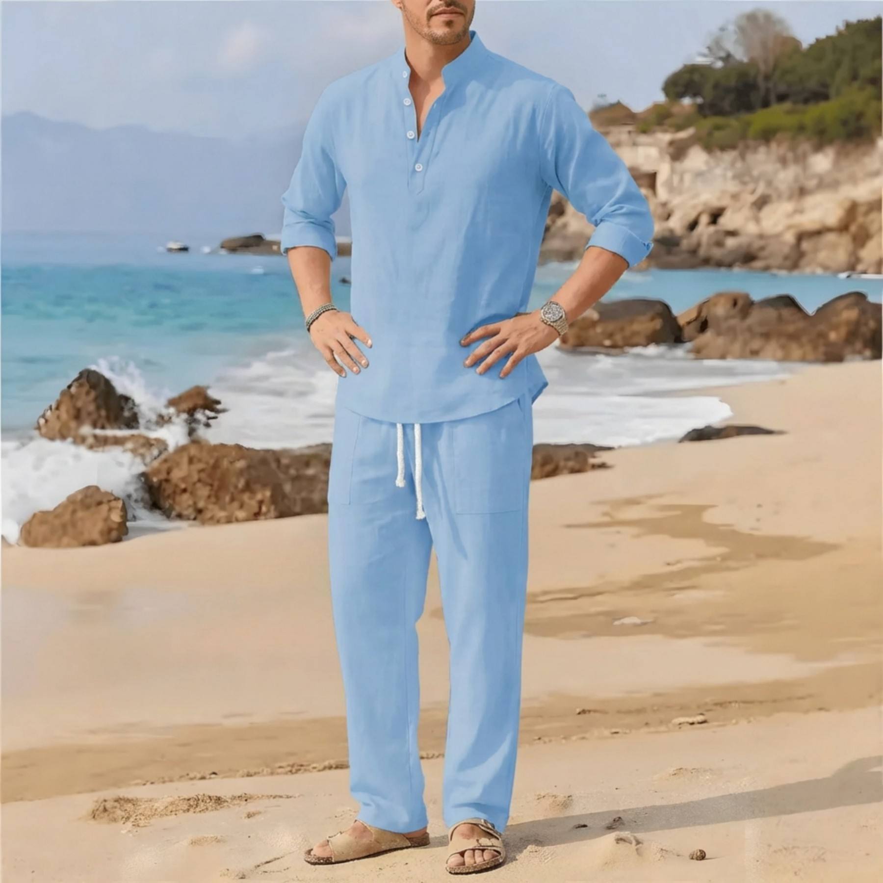 Men's Linen Beach Set, Henley Shirt and Drawstring Pants | T