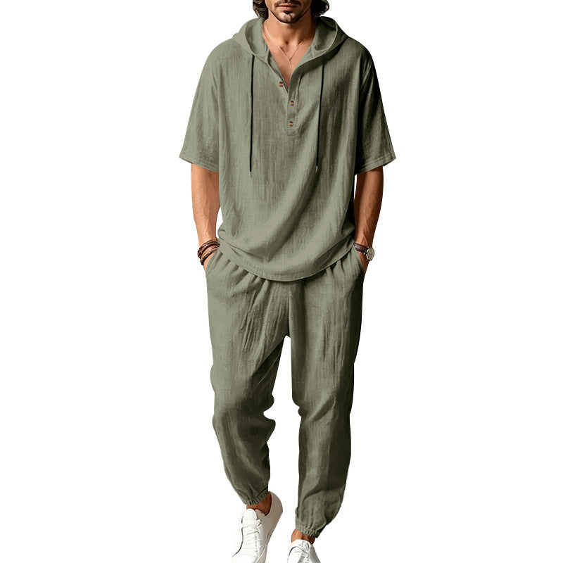 Men's Hooded Henley and Jogger Set, Casual Summer Co-ord | T