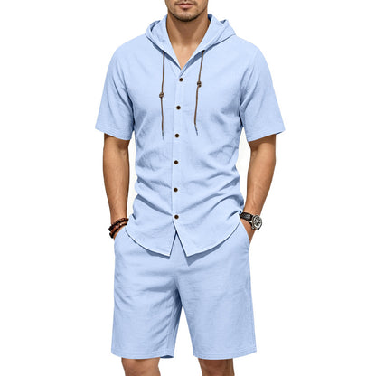 Men's Linen Hooded Shirt and Shorts Set, Summer Co-ord | Tri