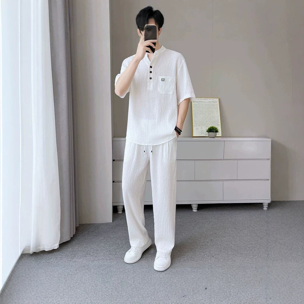 Men's Textured Mandarin-Collar Set, Lightweight Summer Co-or