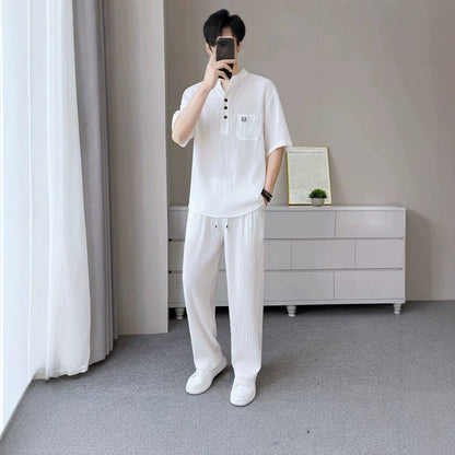 Men's Textured Mandarin-Collar Set, Lightweight Summer Co-or