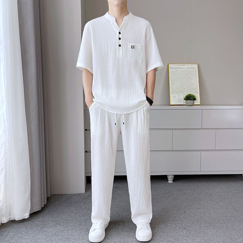 Men's Textured Mandarin-Collar Set, Lightweight Summer Co-or