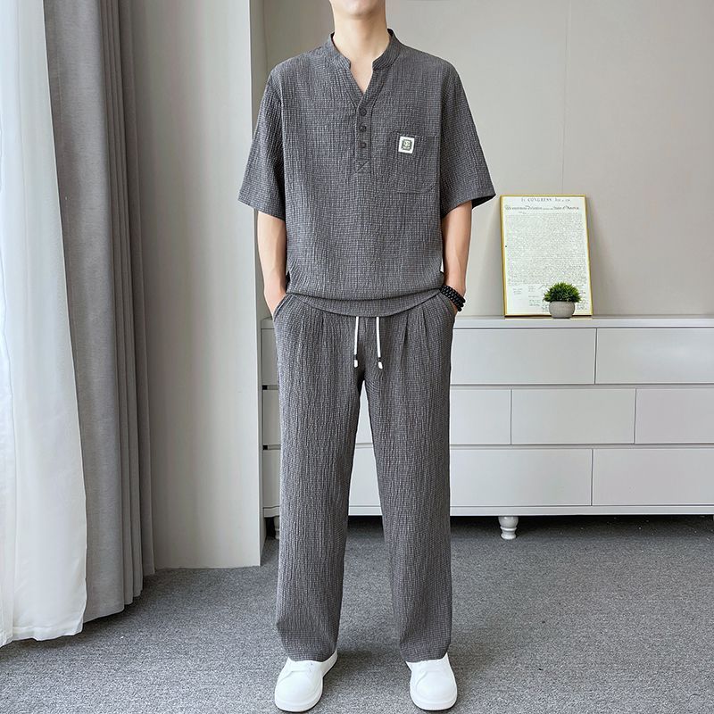 Men's Textured Mandarin-Collar Set, Lightweight Summer Co-or