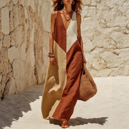 Retro color-block deep-V maxi resort dress