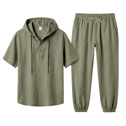 Men's Hooded Henley and Jogger Set, Casual Summer Co-ord | T