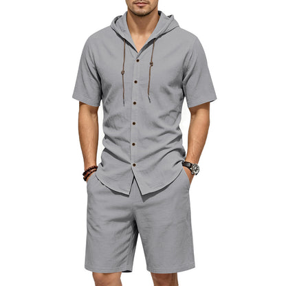 Men's Linen Hooded Shirt and Shorts Set, Summer Co-ord | Tri
