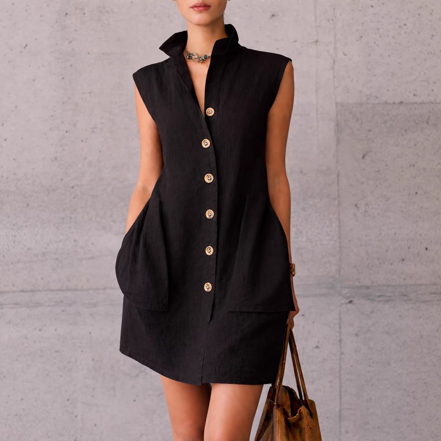 Sleeveless linen shirt dress with pockets