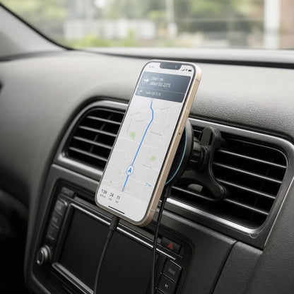 Magnetic wireless car charger clipped into the air vent with phone attached