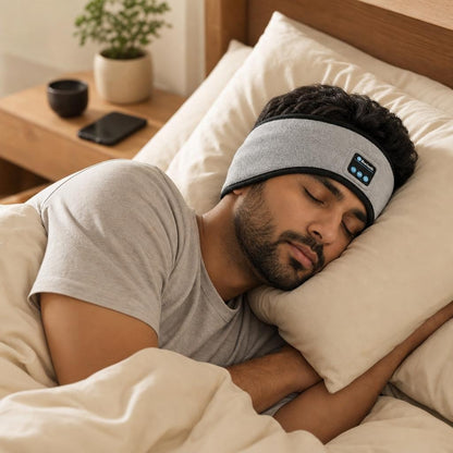 Man sleeping peacefully wearing the Trilya Bluetooth sleep headphones headband