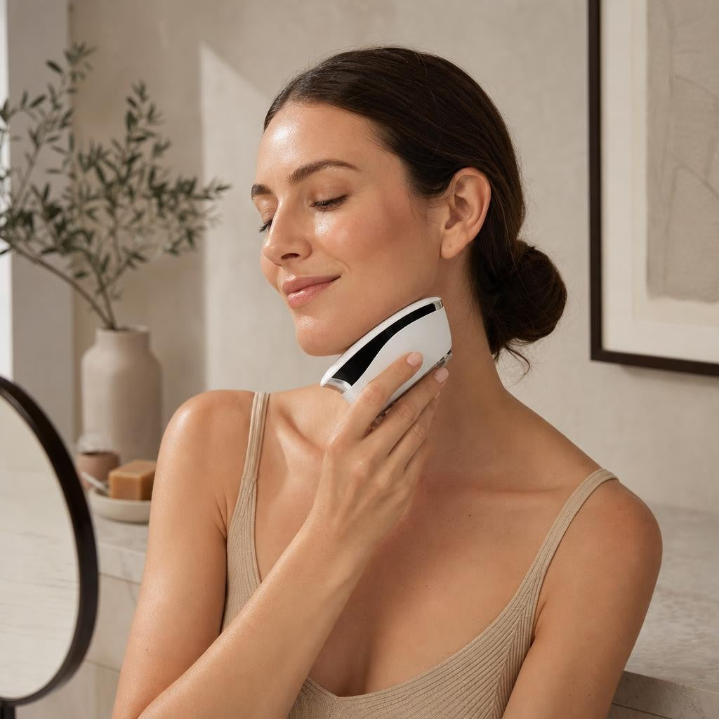 Woman using the Trilya gua sha facial massager at a calm vanity