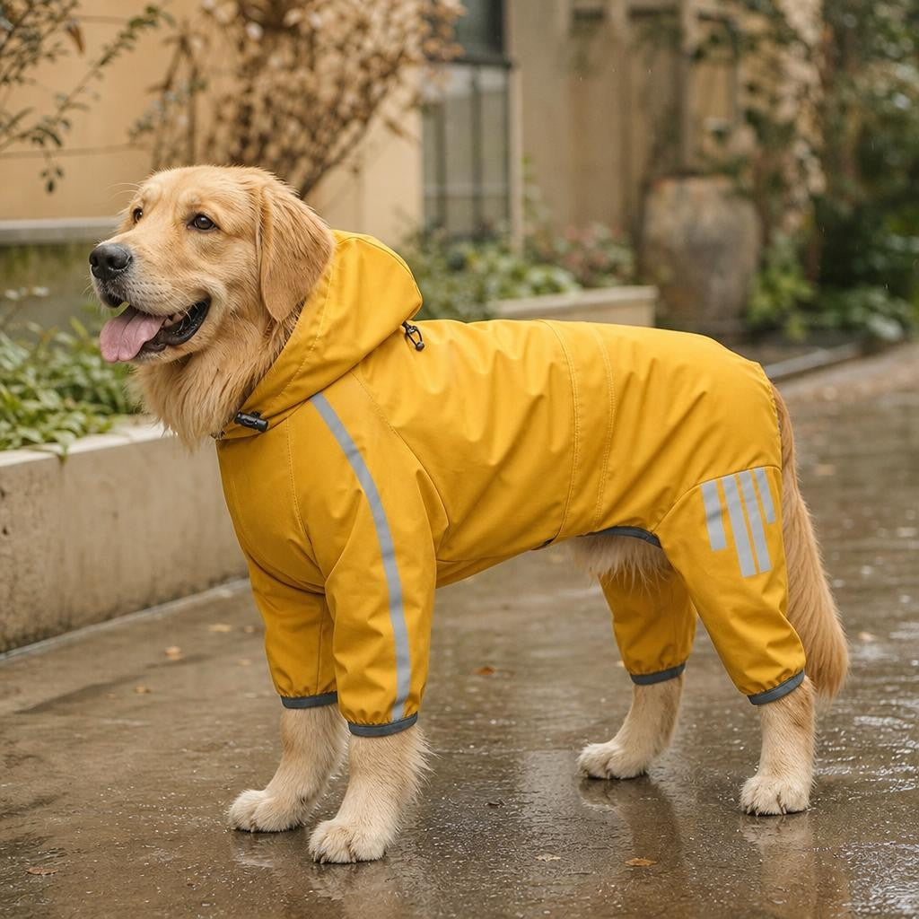 Golden Retriever in the Trilya reflective big-dog raincoat