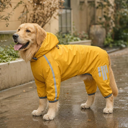 Golden Retriever in the Trilya reflective big-dog raincoat