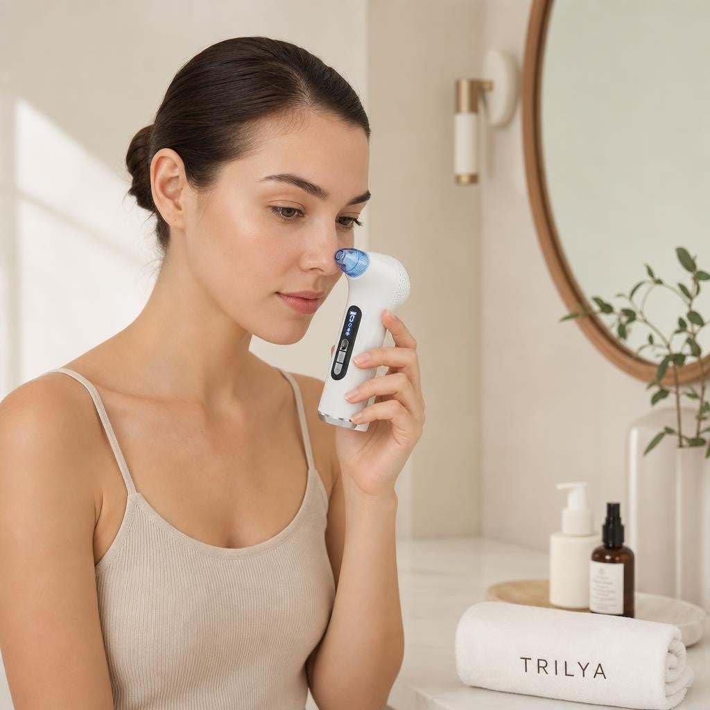 Woman using the Trilya blackhead pore vacuum in a calm bathroom