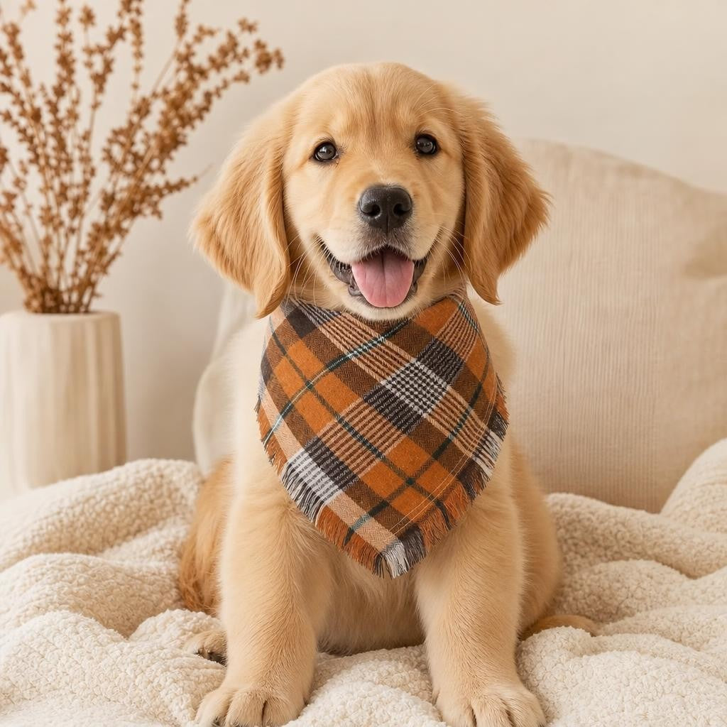 Golden puppy in the Trilya fall plaid tassel bandana