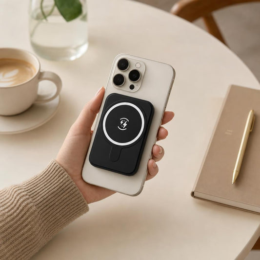 Hand charging a phone with the Trilya magnetic power bank at a cafe