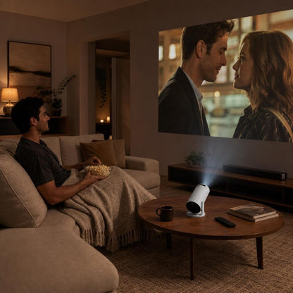 Man enjoying a movie night with the Trilya HY300 mini projector