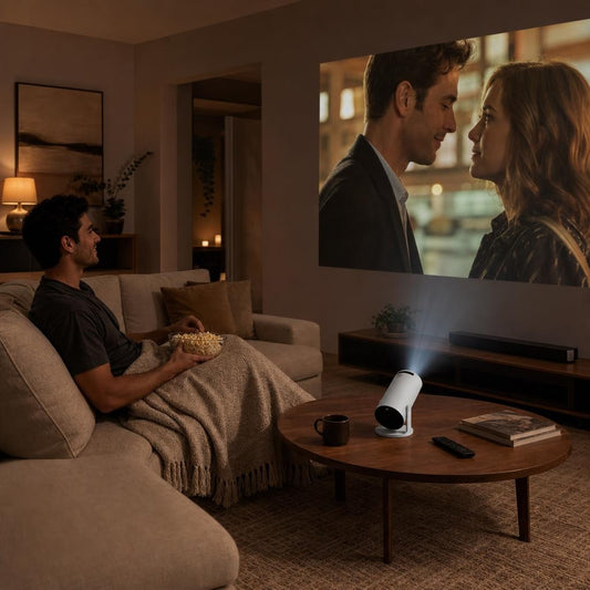 Man enjoying a movie night with the Trilya HY300 mini projector