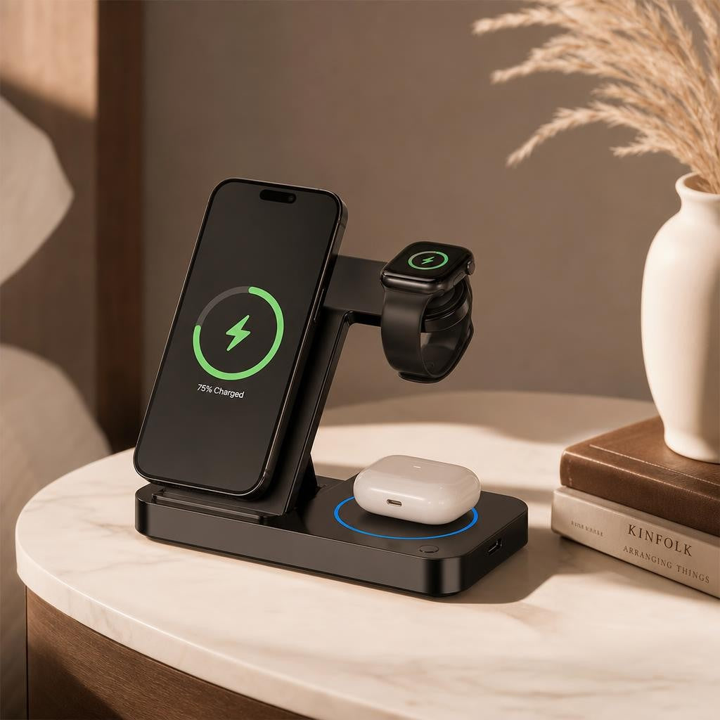 Trilya 3-in-1 wireless charging station on a calm minimalist nightstand