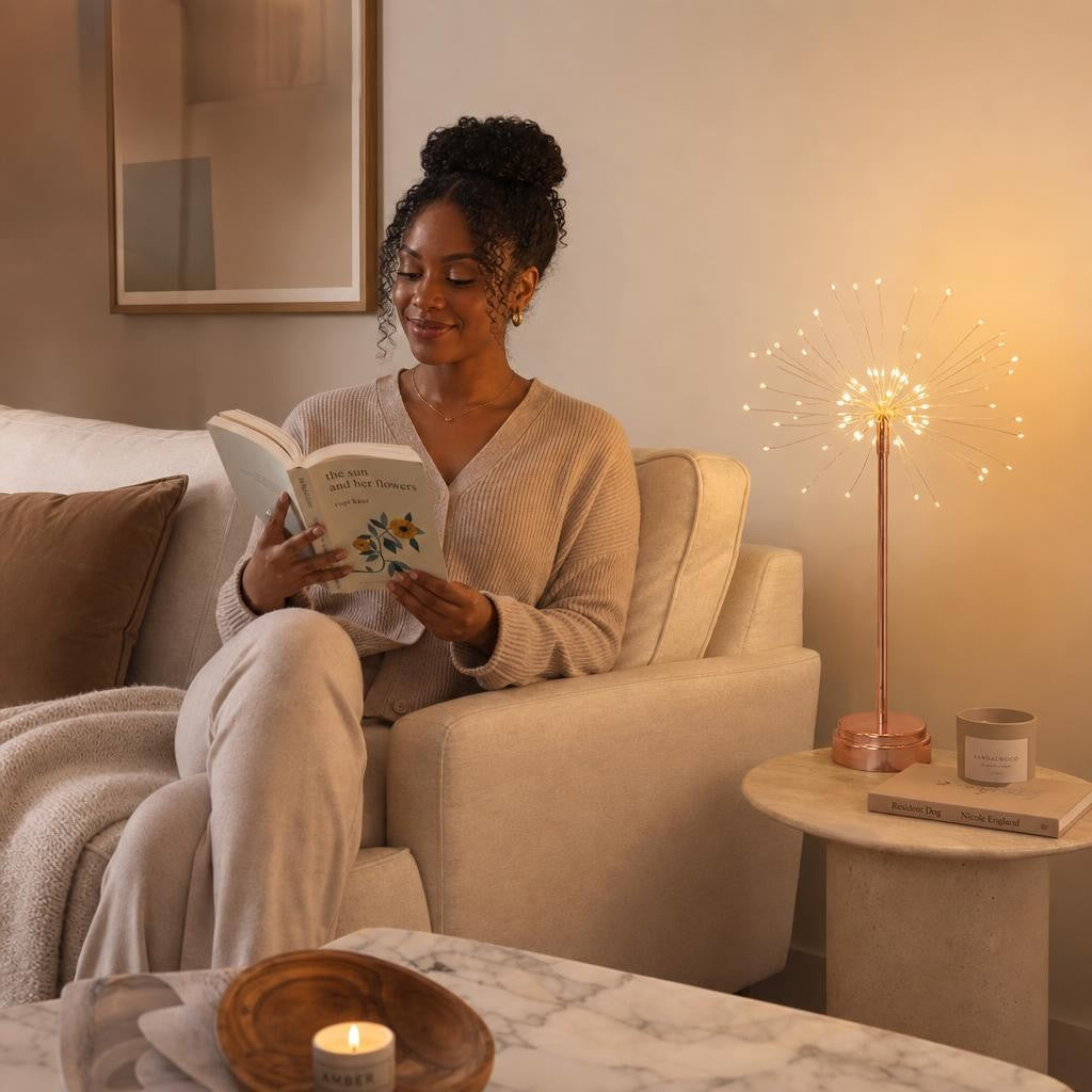 Woman relaxing beside the Trilya LED firework starburst lamp