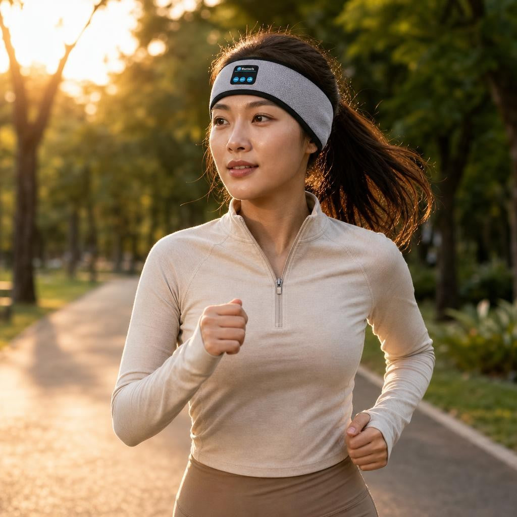 Woman jogging outdoors wearing the Trilya Bluetooth sports headband
