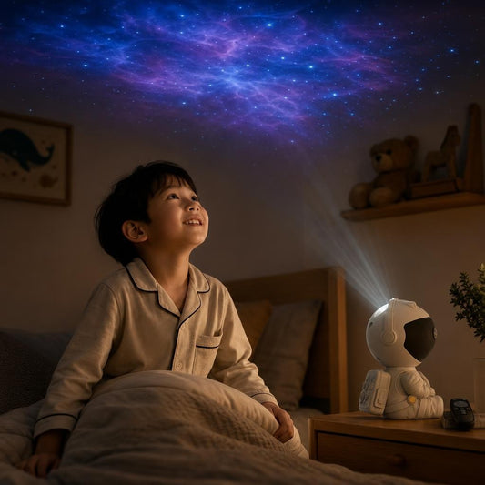 Child enjoying the Trilya astronaut galaxy star projector in a cozy bedroom