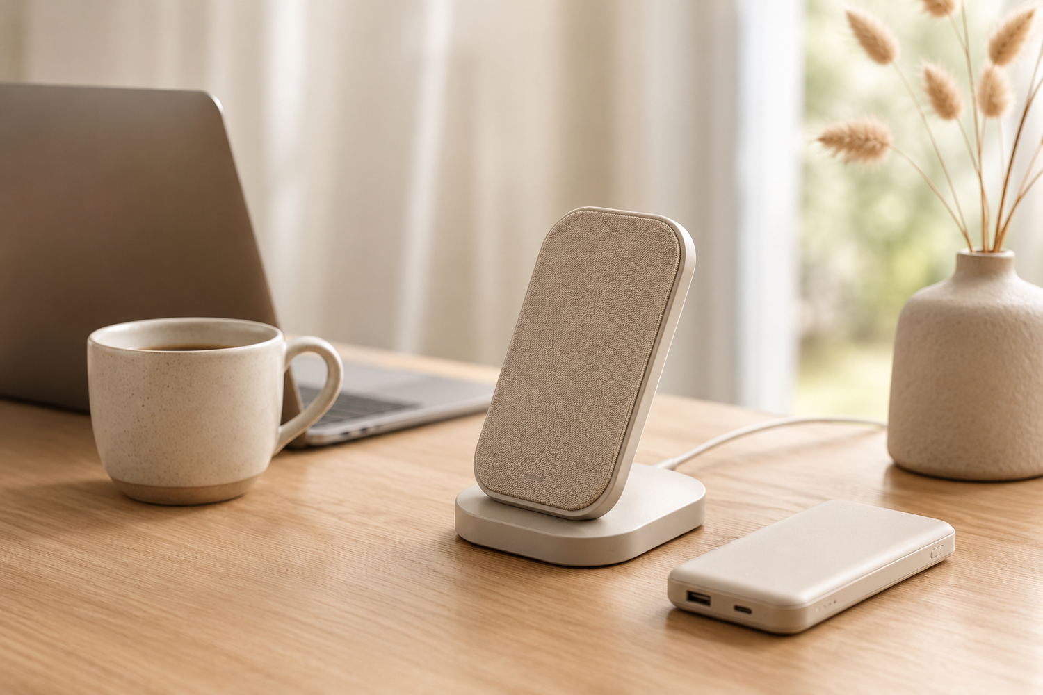 Trilya wireless charging stand on a warm wooden desk with coffee and a power bank