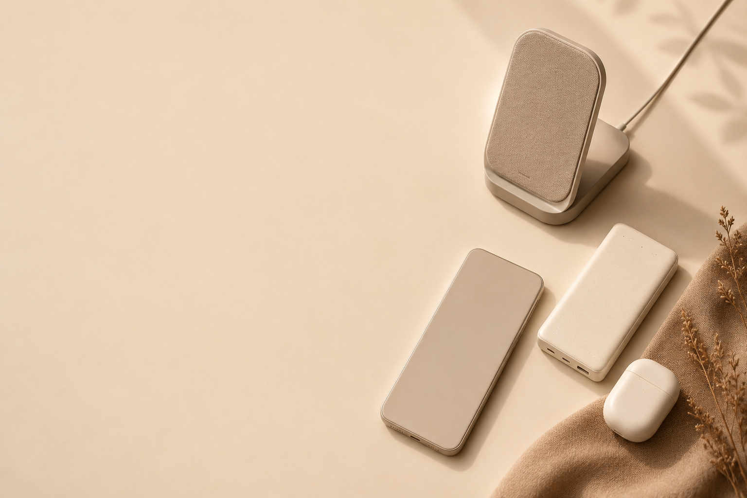 Trilya wireless charging accessories on a warm cream background